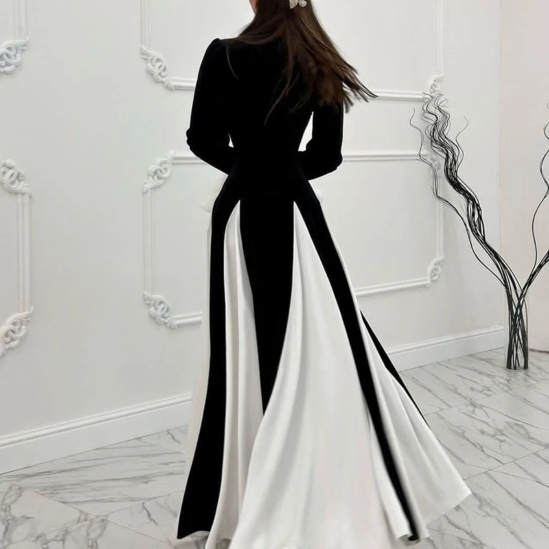Elegant Flared Sleeve Color Blocked Patchwork Long Dress New Fall High Waist Evening Party Dress Temperament O Neck Velvet Dress