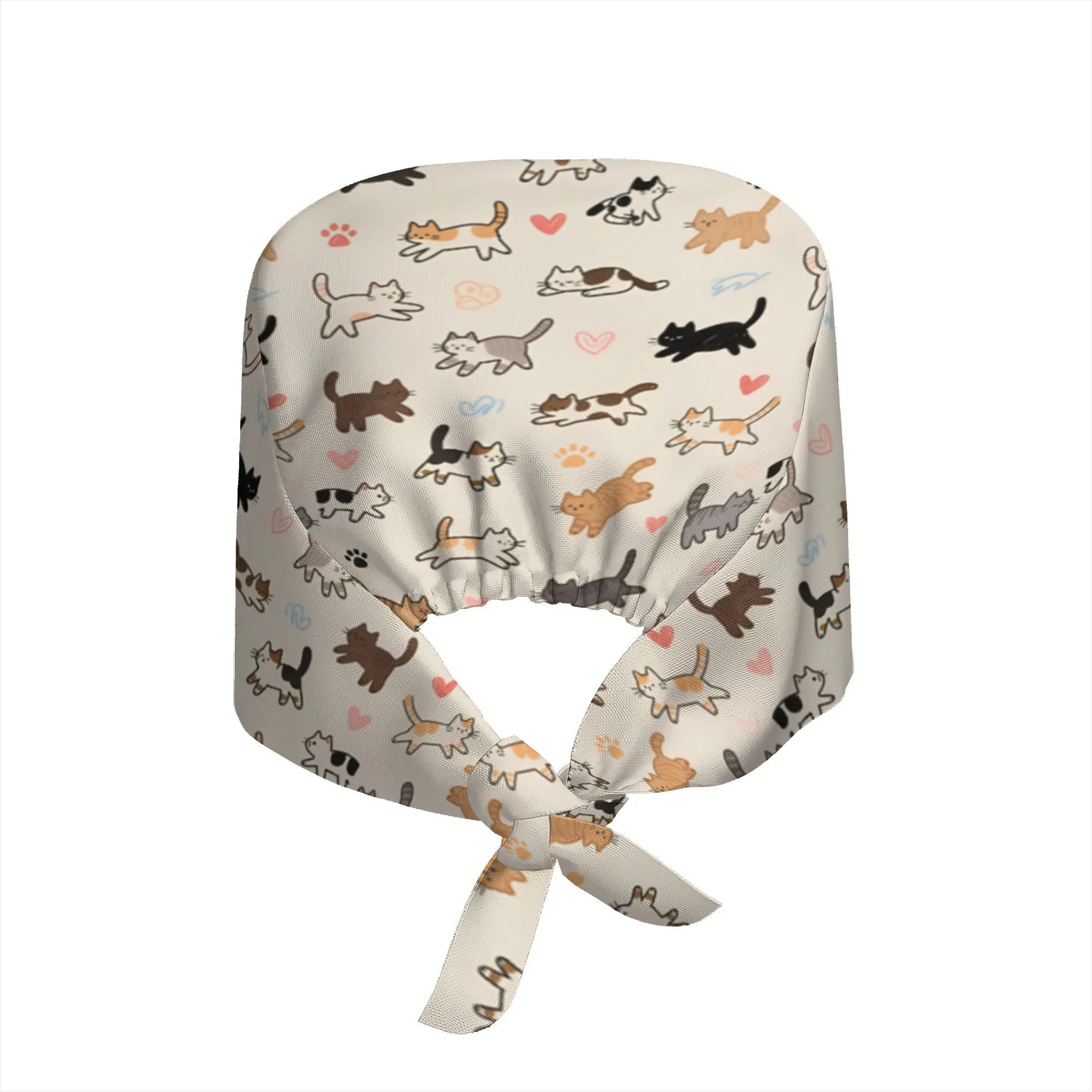 Cute Cartoon Cat Print Scrub Cap Soft Tie-Back Working Cap with Sweatband Kawaii Kitten Pattern Cap for Nurses Doctors