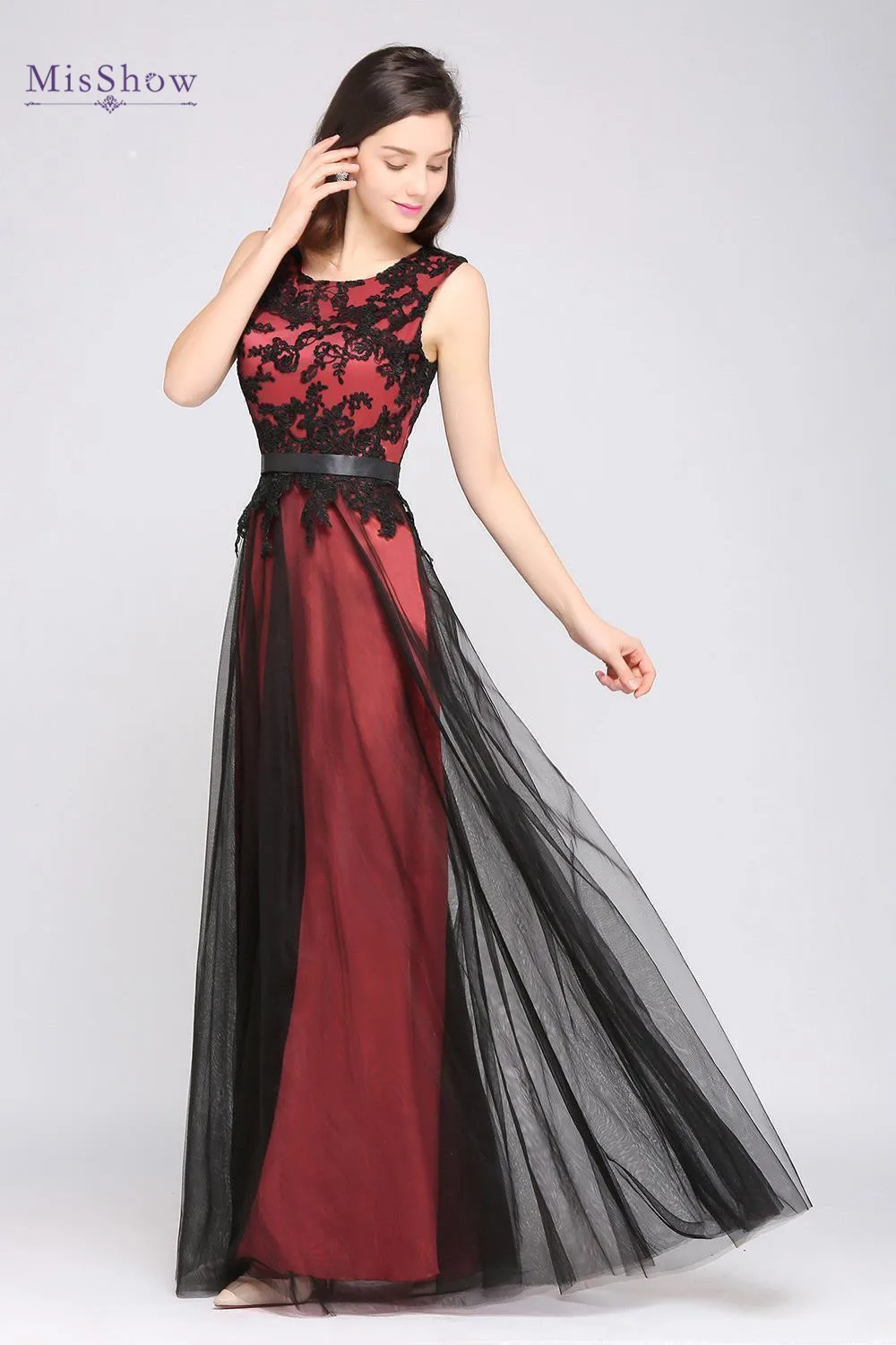 Burgundy Black Lace Evening Dresses For Women 2022 Long Tulle Sleeveless Elegant Formal Evening Prom Party Gown Vestido de Festa