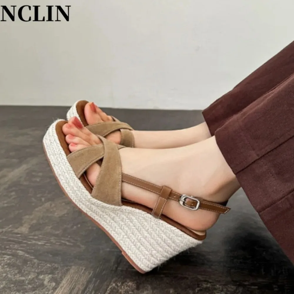 Sandalias de cuña de esparto para mujer - Sandalias de tacón alto casuales de verano con punta abierta, de gamuza, con correa al tobillo y tiras cruzadas