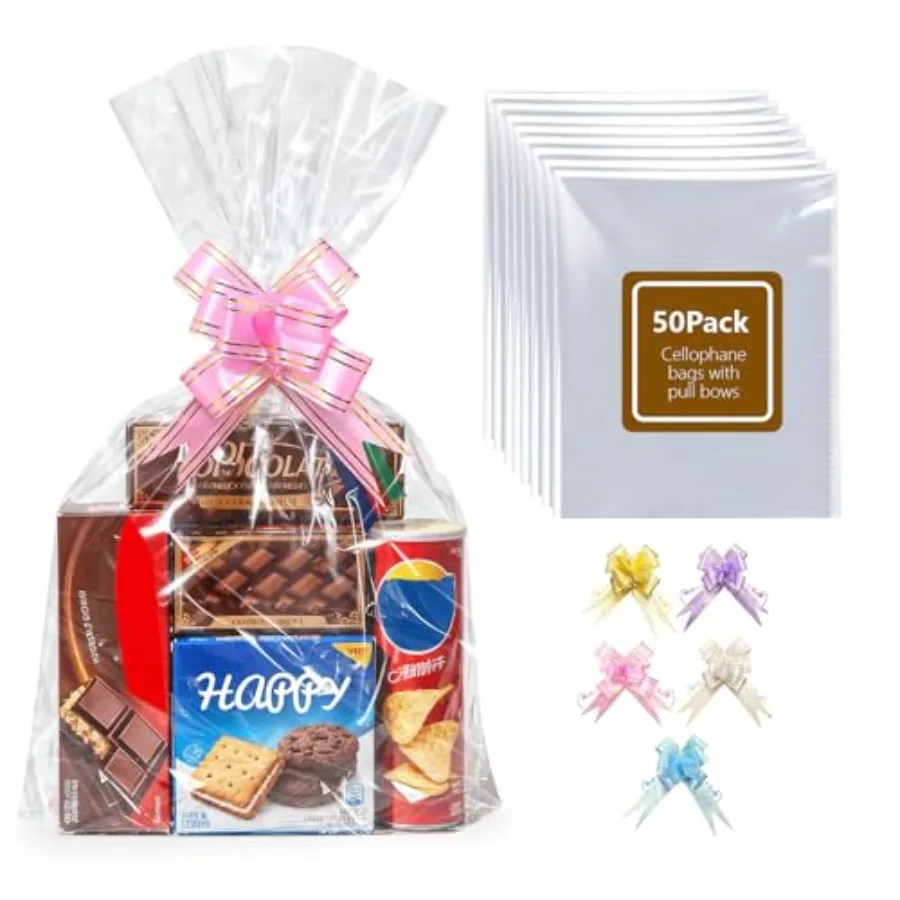 

50 Pack Cellophane Bags with Pull Bows, 16x 20 Inches Clear Hampers Bags for Gift Baskets, Halloween, Easter, Christmas Fruit B