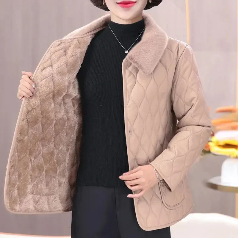 Fashion Plus Size Loose Thick Fur Collar Coat For Mid-Aged Women With Velvet Warm Quilted Coat Winter Plush Jacket Winter Mom's