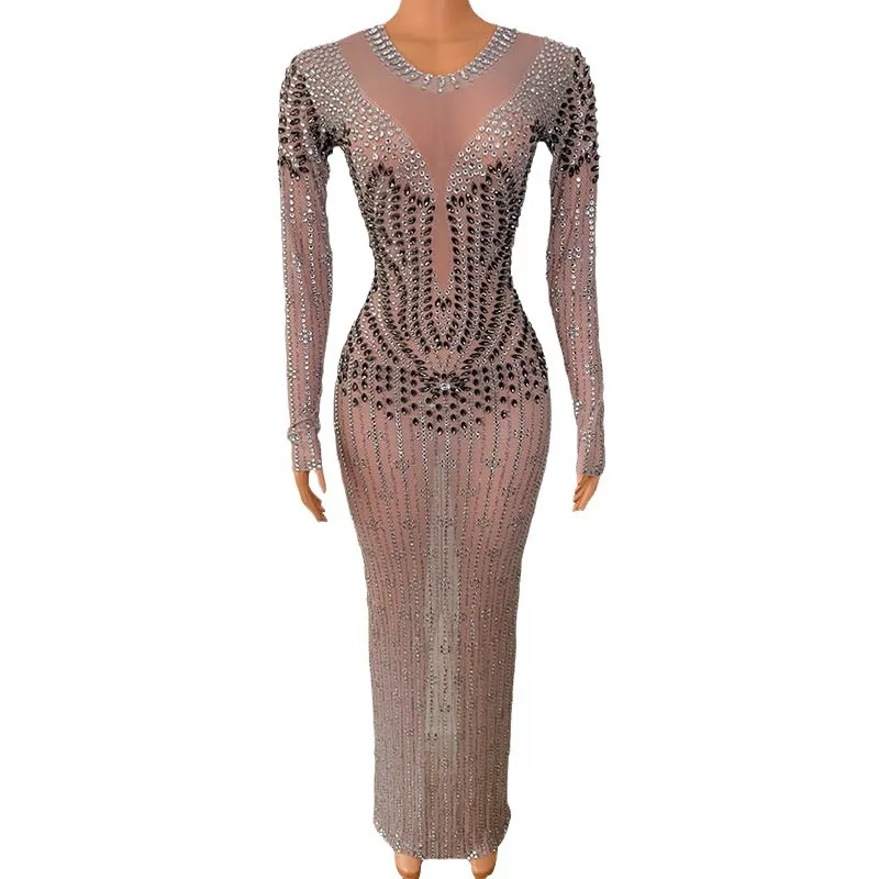 Birthday Clothing Diamond Dress Concert Party Bar Diamond Flesh Color Slim Fit Singer Model Walk Show Vestidos De Ocasião Formal