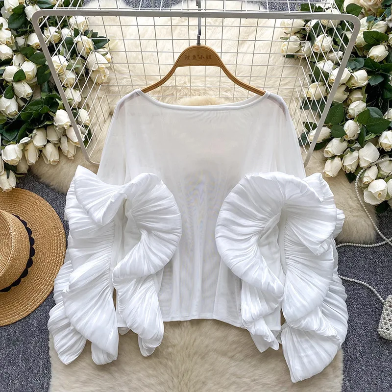 Leichtes, luxuriöses Socialite-Hemd für Damen, sommerliches, gerüschtes, dünnes Netzgewebe, lockere Passform, elegantes und hochwertiges Oberteil