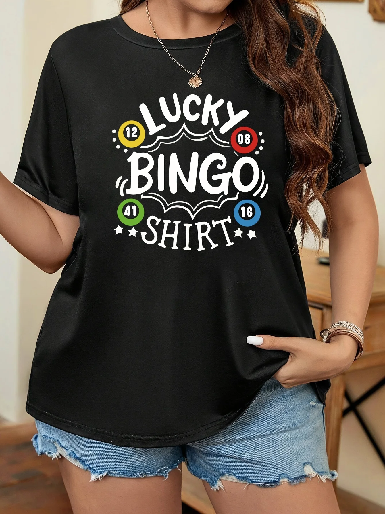 Women's Summer T-Shirt Round Neck Short-Sleeve Lucky Bingo Print Designed for Comfort And Style Fashion Harajuku Kawaii Clothing