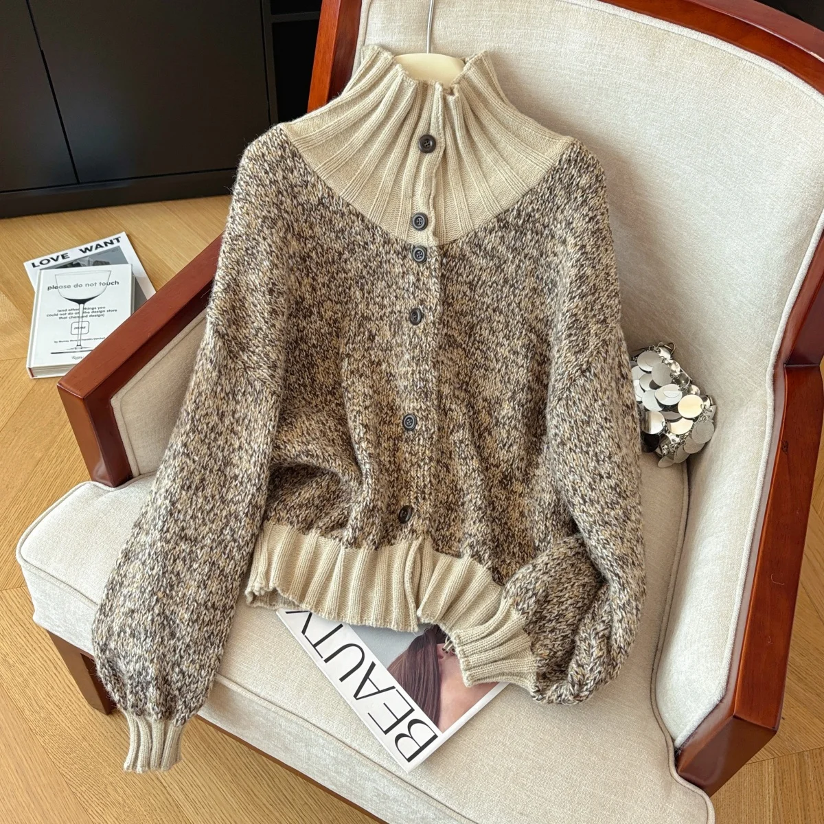 

Women Khaki Turtleneck Cardigan Sweater Vintage Jumper Knit Long Sleeves Cozy Soft Cashmere Sweater Autumn Winter 2000s Clothes