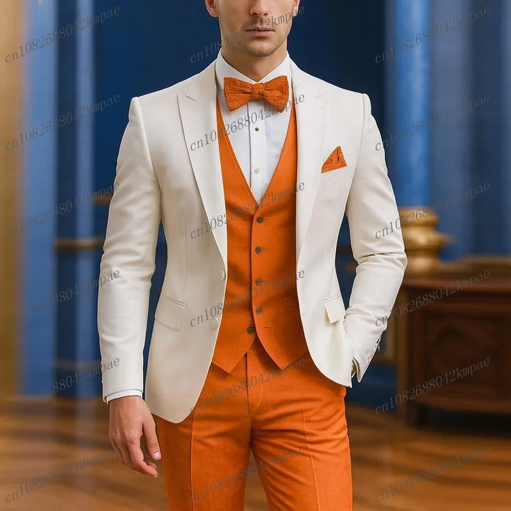 

Новый белый и оранжевый мужской костюм для торжественных случаев, жениха, жениха, свадебной вечеринки, выпускного вечера, мужские смокинги, комплект из 3 предметов, пиджак, жилет, брюки