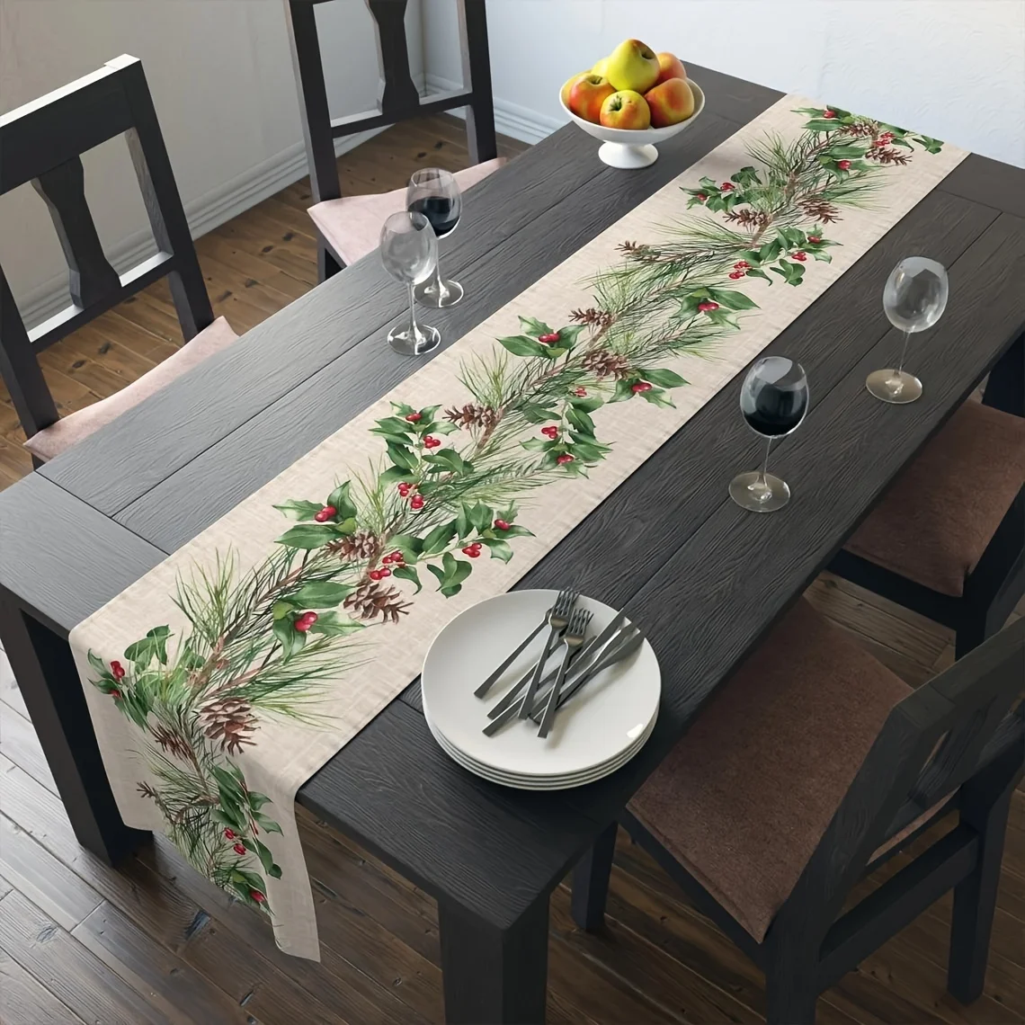 Christmas Pine Cones Holly Berry Linen Table Runner Winter Xmas Party Decor Kitchen Dining Table Runners Christmas Decorations