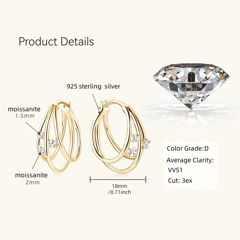 Anziw Original Split Three Hoop Earrings 0.15cttw Moissanite Clip Earring Yellow Gold Silver 925 Jewelry for Women Gifts Wedding