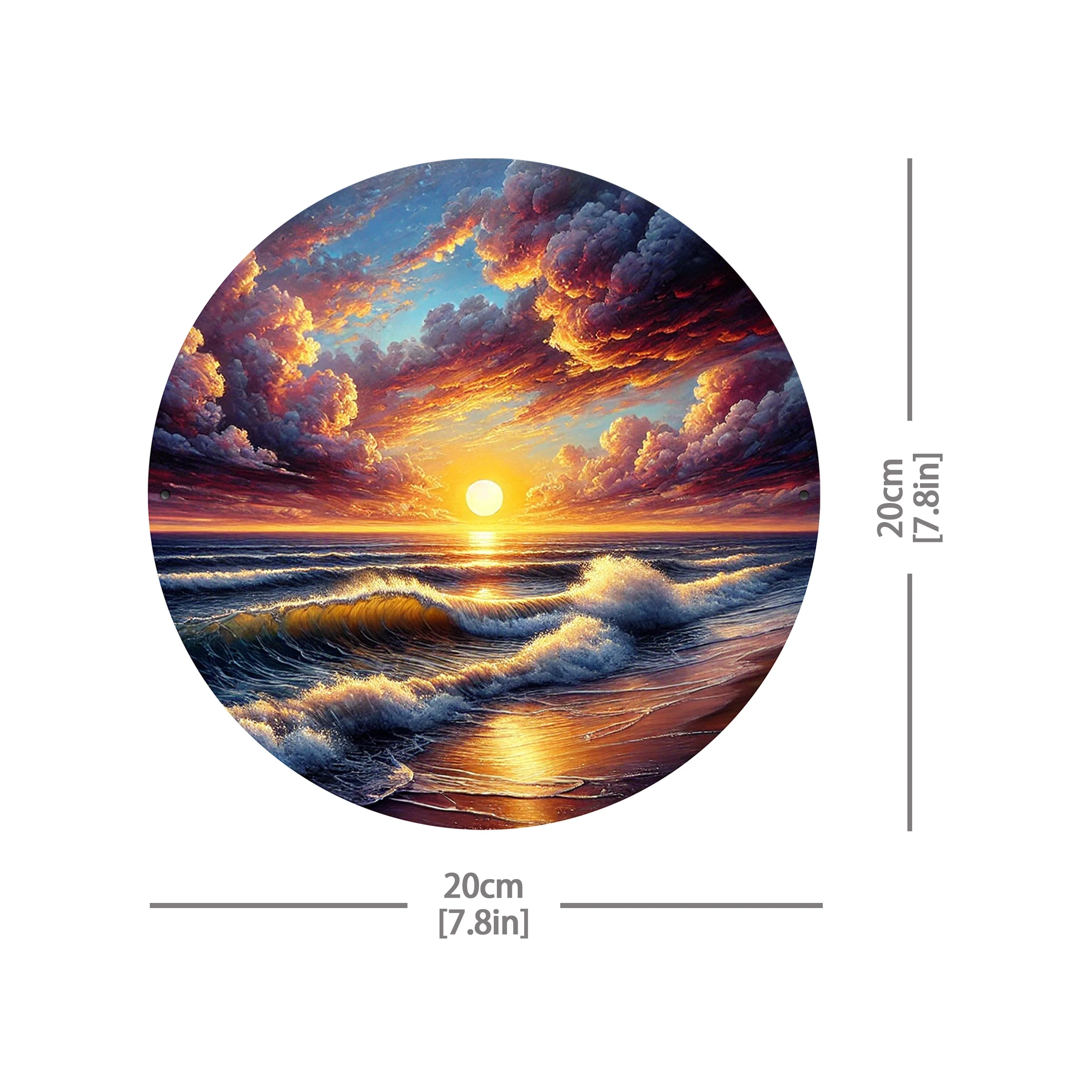 A Sunset Ocean Wave Metal Sign, 8 × 8 Inches Round Oil Painting Textured Art Decoration for Gardens, Bedrooms, Garages - Durable
