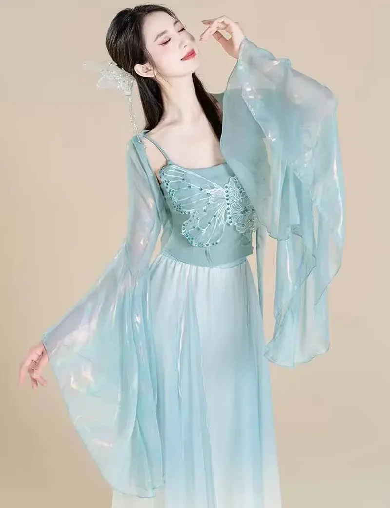 أزياء الرقص الكلاسيكي فراشة الشاش أنابيب كولوتيس 3 قطعة مجموعة النساء الصينية الجسم ممارسة موحدة الوردي الأبيض الأزرق فستان رقص