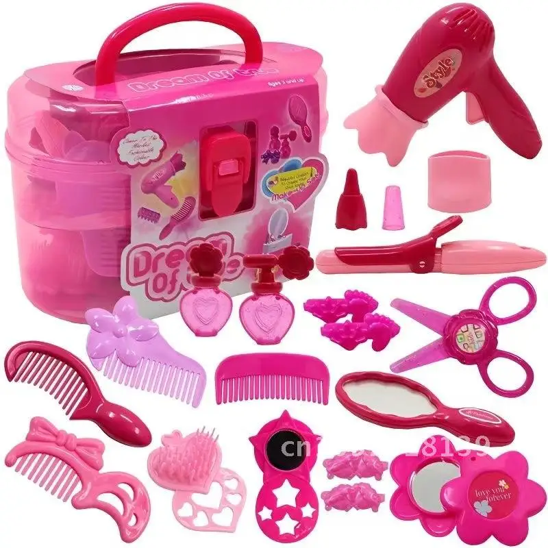 子供用理髪おもちゃセットヘアカットツールシミュレーション化粧品ボックスヘアドライヤー付きビューティーサロンロールプレイ幼稚園