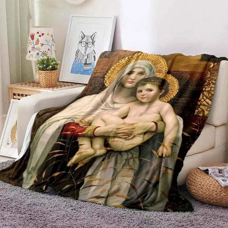 Virgin Mary Flannel Blanket Fluffy Lightweight Fleece Throw Blanket Comfort Soft Warm Baptism Cozy Nursery Bedding Decor Bedroom