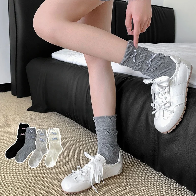 Damen Plaid Bow Slouch Crew Socken Koreanische Miu Spitze Sommer Atmungsaktive Kawaii Dollcore Viral Fashion Socken