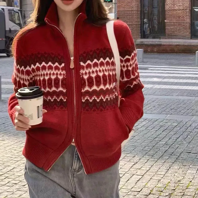 Women's Christmas Contrast Color Jacquard Embroidery Knitted Cardigan High Quality Long Sleeve High Neck Zipper Sweater Casual