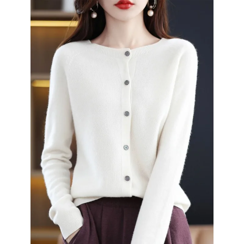 

New Autumn Fashion Solid Wool Women O-neck Cardigan Cashmere Sweater 2025 Female Clothing Knitwear Women Tops