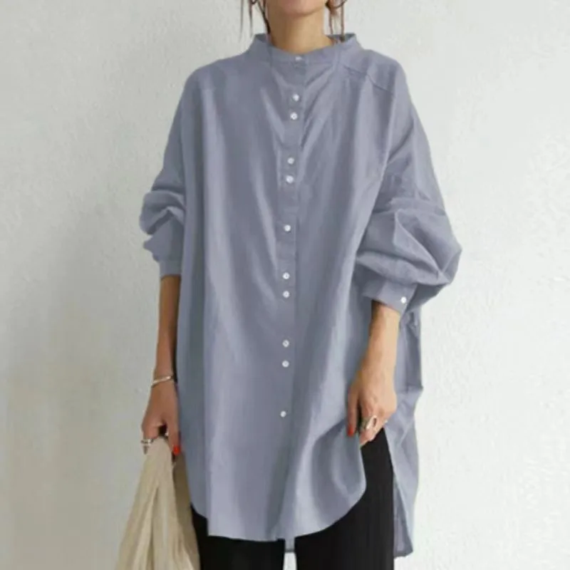 Retro Stand Up Collar Single Breasted Long Sleeved Shirt Casual Loose Solid Color Cotton Linen Base Shirt for Women