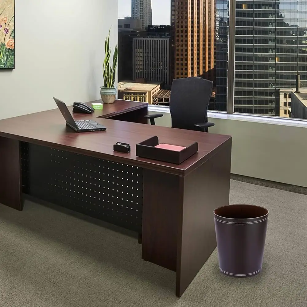 Round Leather Waste Basket,Small Classic Pu Trash Garbage Can Under Desk Cabinet, Contemporary Wastebasket Bin For Home Office