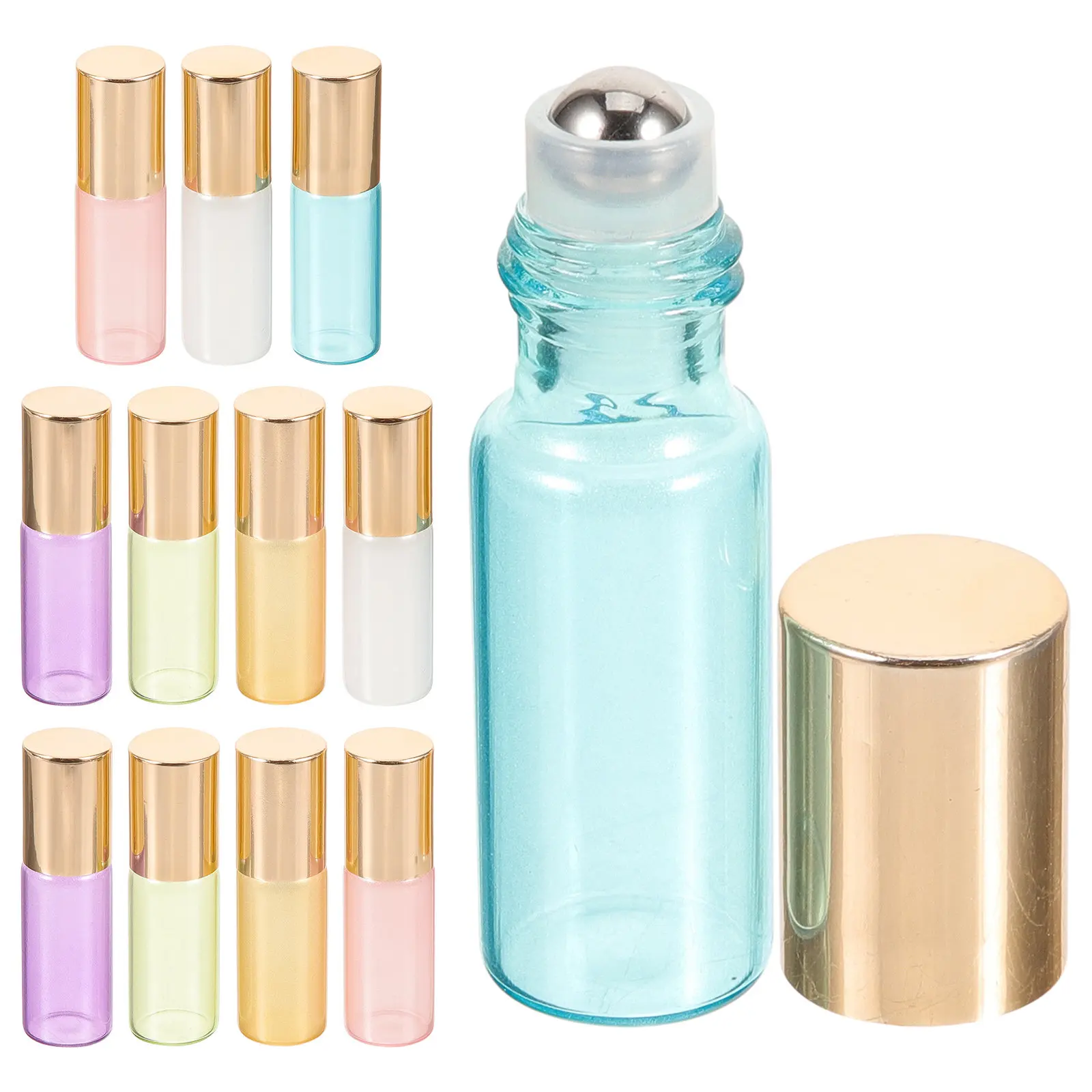 12個入り、ロールオンボトル、ガラス製、エッセンシャルオイル用、携帯用、5ml、漏れ防止、詰め替え可能、天然オイルや香水用。