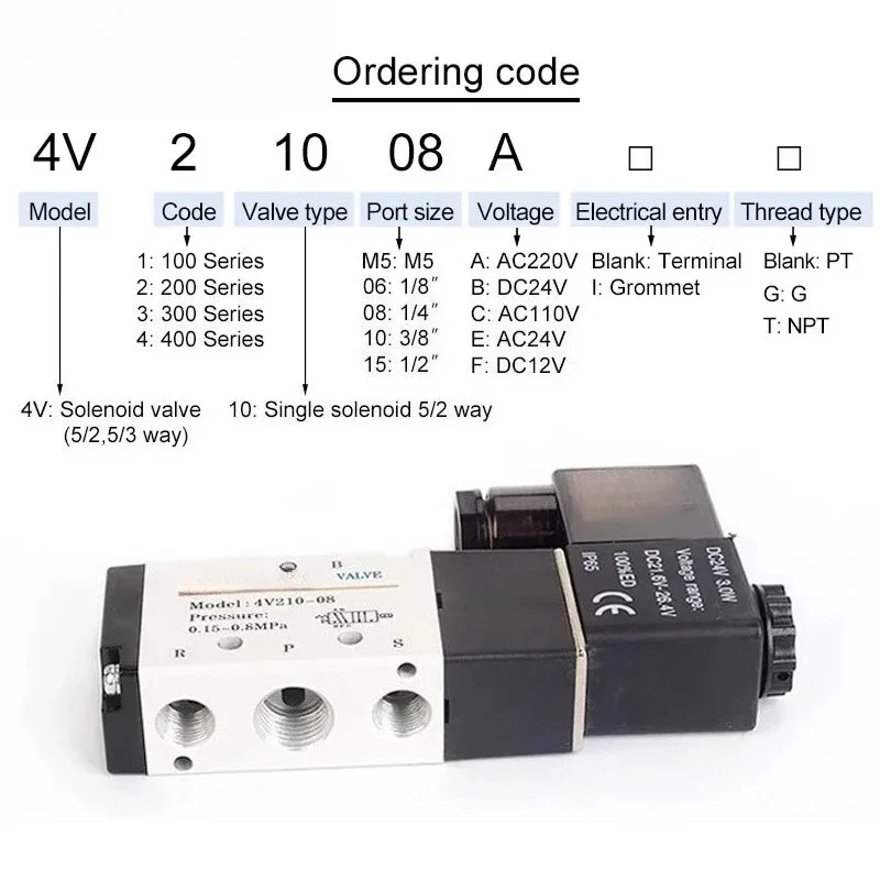 Original Pneumatic 5/2 Way Solenoid Valve 4V110-06 4V210-08 4V310-10 4V410-15 12V 24V 110V 220V Direction Control Valve