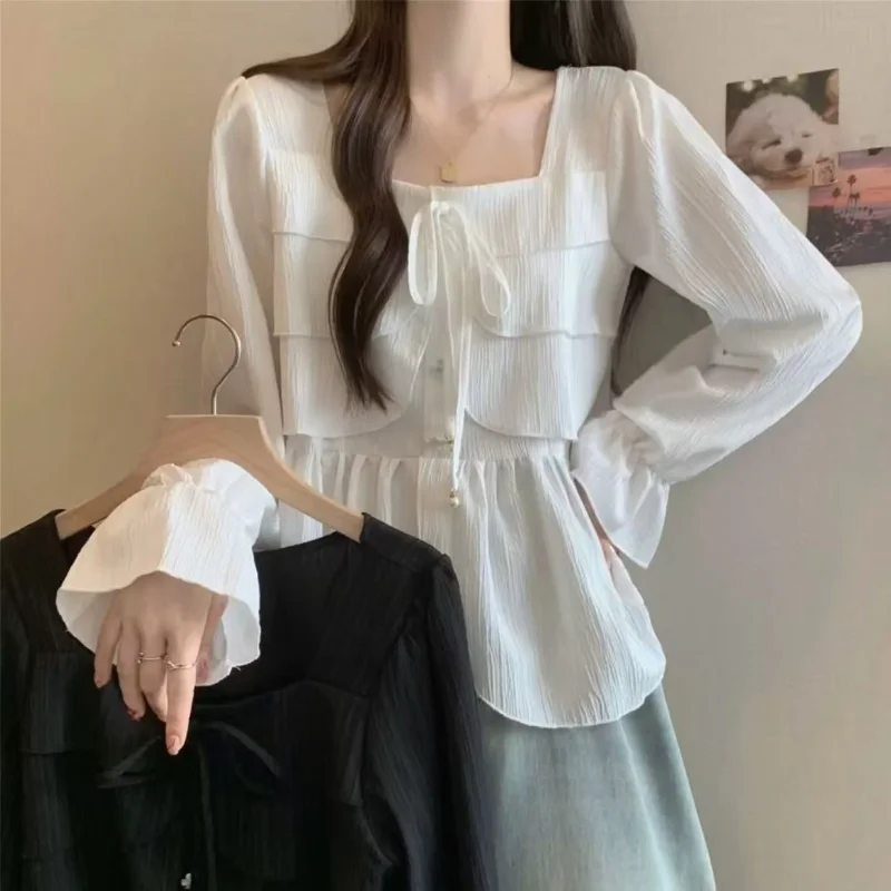 Spring Autumn Square Collar Shirts Drawstring Female Clothing Elegant Square Collar Fashion Irregular Ruffles Spliced Blouse New