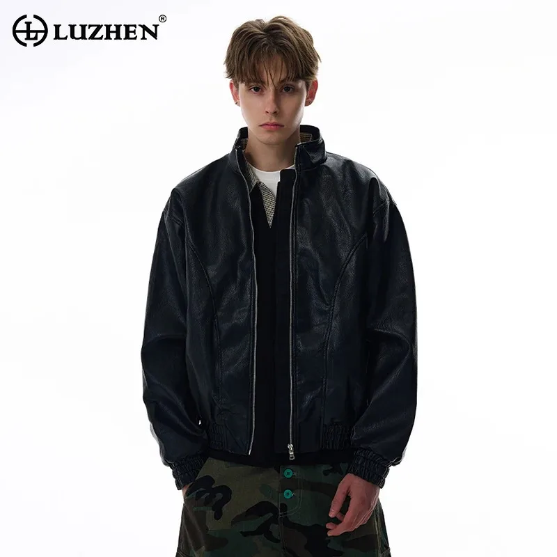

LUZHEN Fashion High Quality Zipper Stand Collar Leather PU Jacket Men's 2025 Autumn Handsome Casual Coat Elegant Clothes JY4093