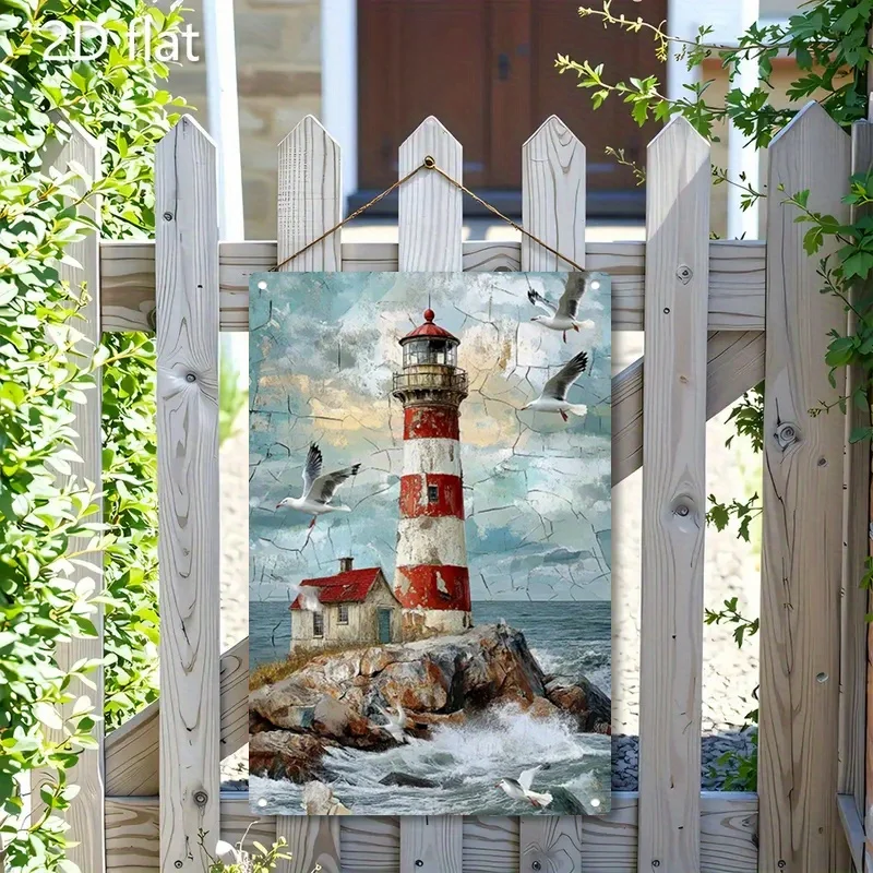 Retro Lighthouse Metal Sign 8x12 Vintage Coastal Wall Art Seagull Tin Plaque Nautical Home Decor for Bar Cafe Party