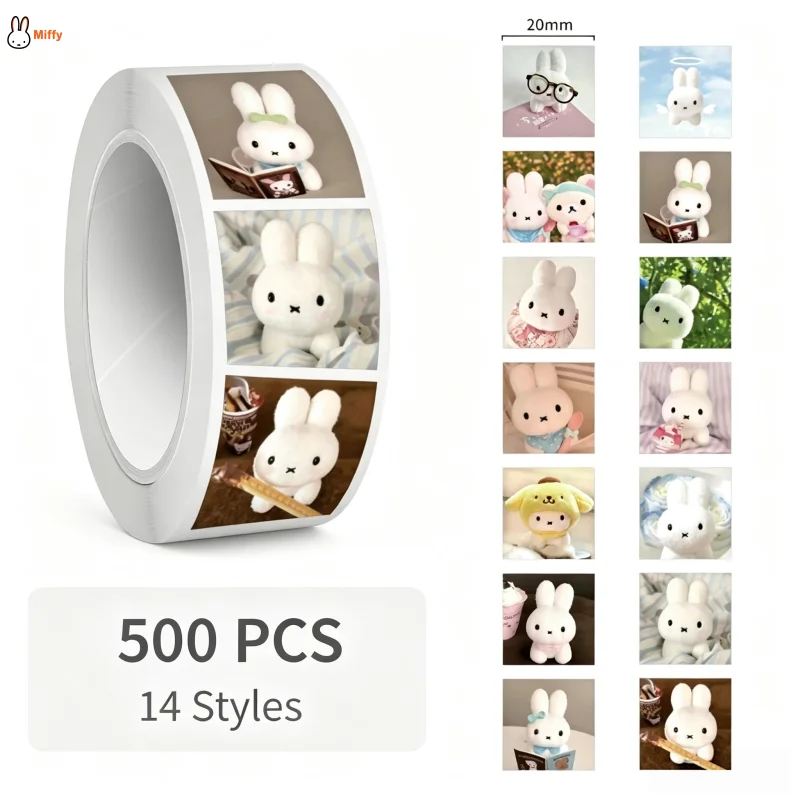 500Pcs Kawaii Miffy Rabbit Roll Stickers Cute Cartoon Rabbit Decals for Hand Account Planner Gift Sealing DIY Phone Shell