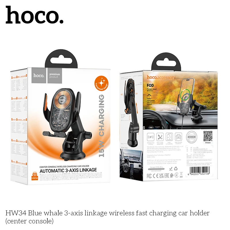 HOCO HW34 3-axis Linkage Wireless Fast Charging Car Phone Holder Center Console For Iphone Xiaomi Huawei Fast Charger In Car