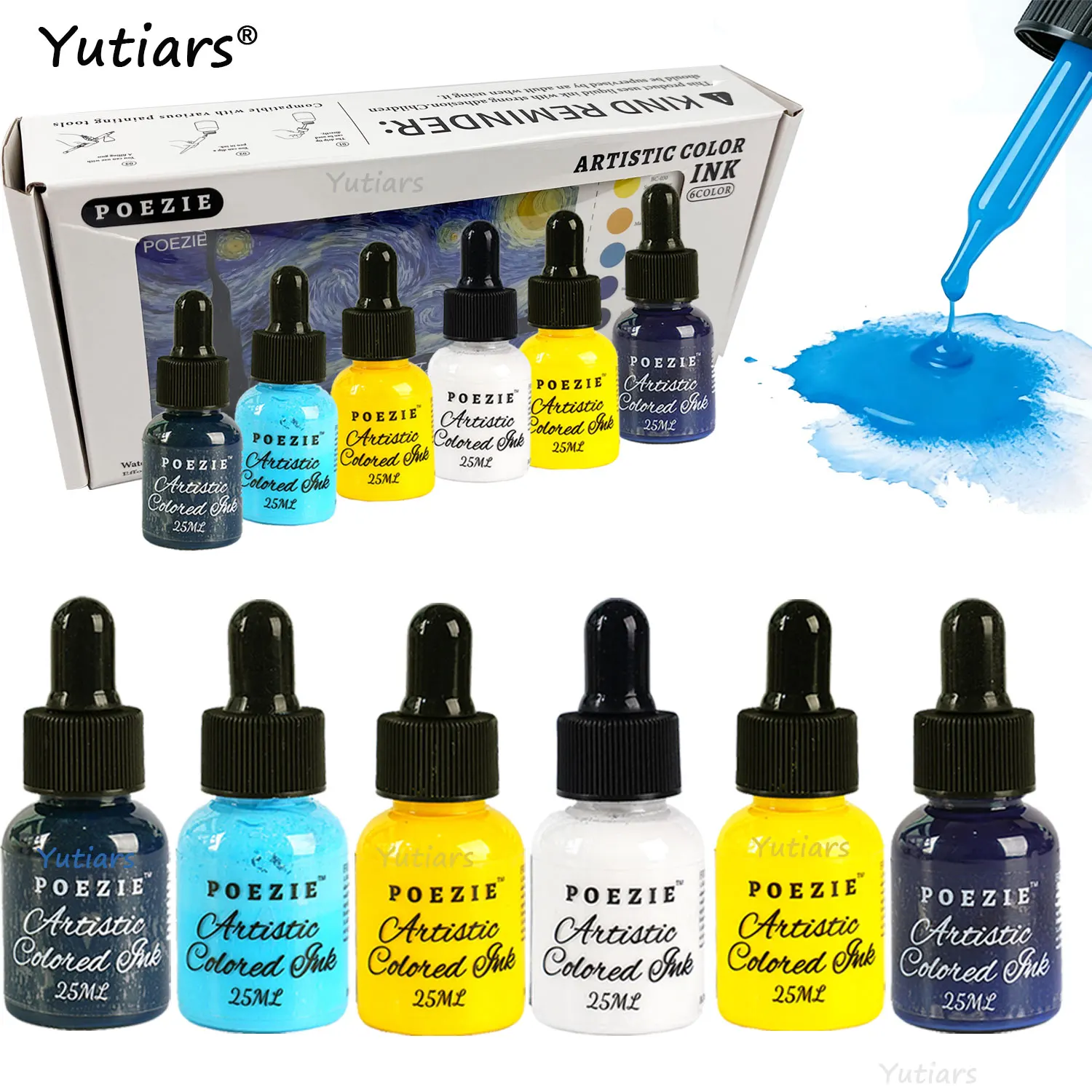 Artist Grade 6Pcs 25ml Acrylic Ink Set, Essential Colors, Quick Dry Ink for Airbrush, Pouring Art & Scrapbooking