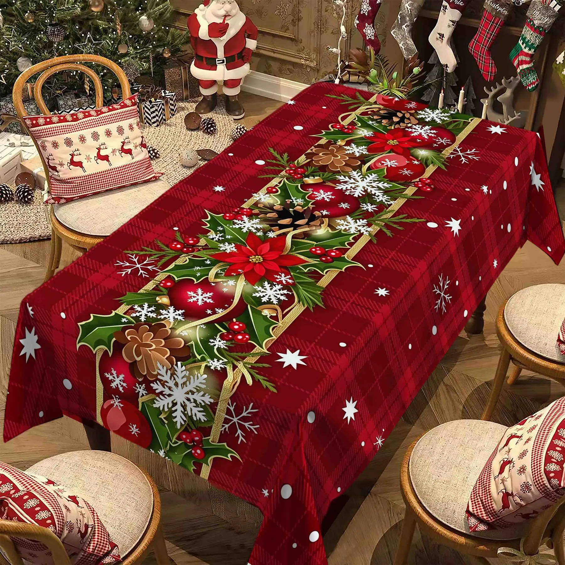 Christmas Tablecloth Rectangle, Christmas Decorations For Home Poinsettia Table Cloth Festival, Suitable for Parties/Dinners