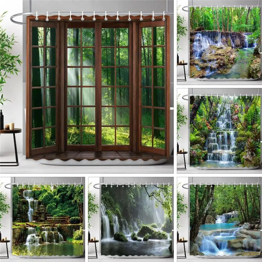 Rideau de douche en tissu polyester, paysage de cascade, paysage naturel, forêt tropicale, extérieur, scénique, HODeco