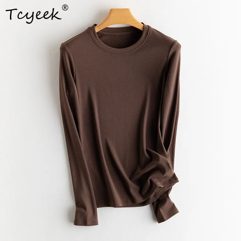 

Tcyeek 7% Mulberry Silk T-Shirt for Women, O Neck Solid Long Sleeve, Breathable Basics Tee, 2024 Spring New Tops T41857QM