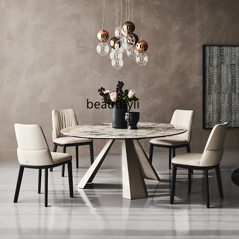 

Cy Italian Rock Slab Dining Table And Chair Combination Minimalist With Turntable Multifunctional Round Marble Dining Table