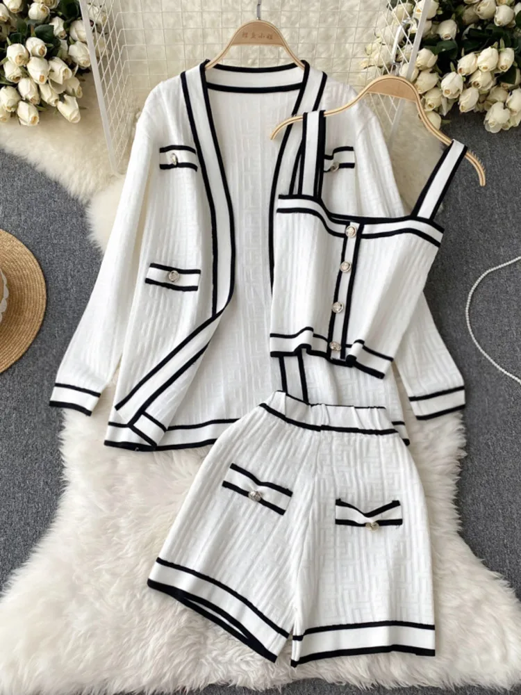 Casual Long Sleeve V Neck Cardigan Jacket + Sling Vest + High Waist Shorts High Quality Chic Button Knitted Vintage 3 Piece Sets