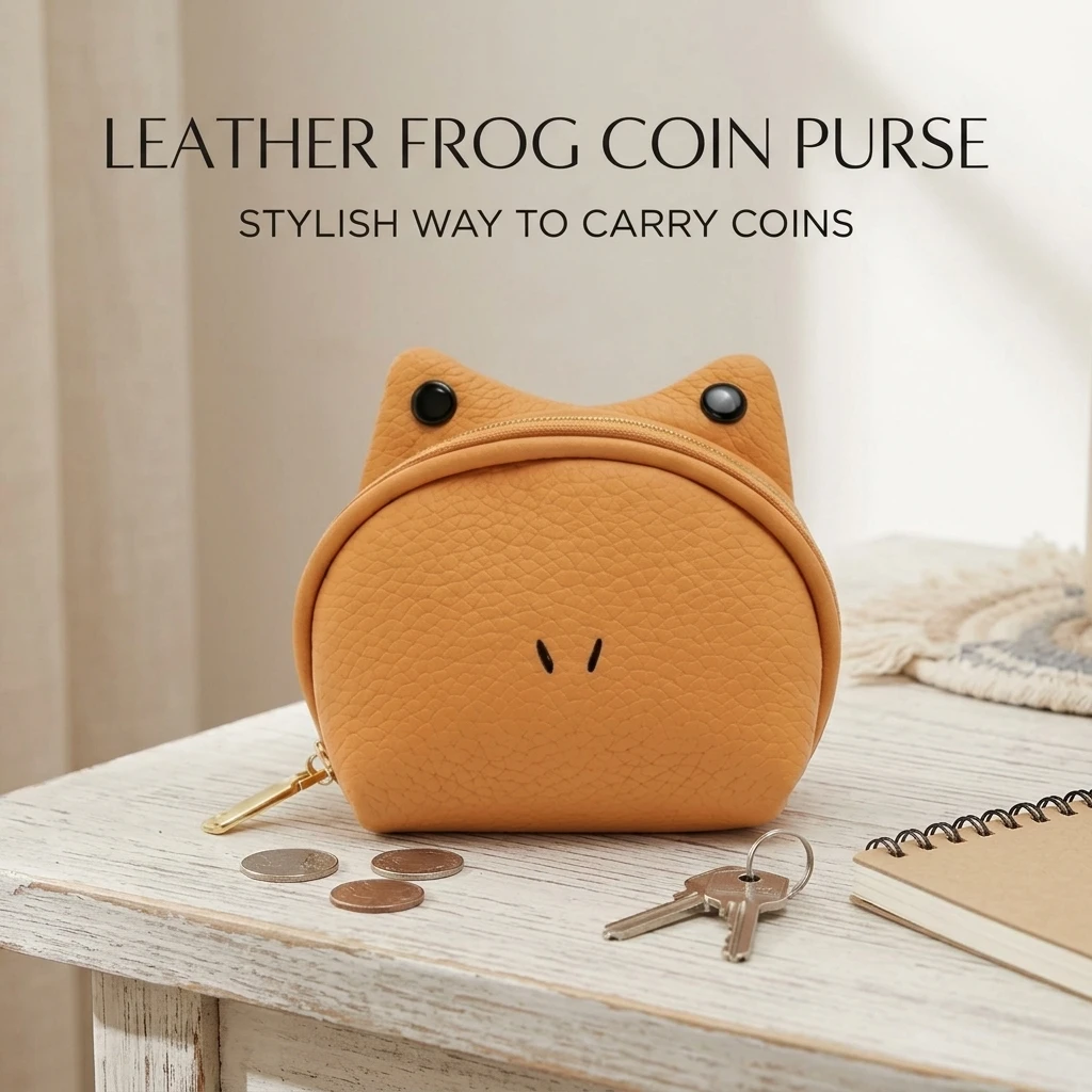 1pc Coin Purse Top Grain Cow Leather for Daily Commuting Cute Frog Shaped Key Holder Anti Loss Clasp Travel Wallet Bag