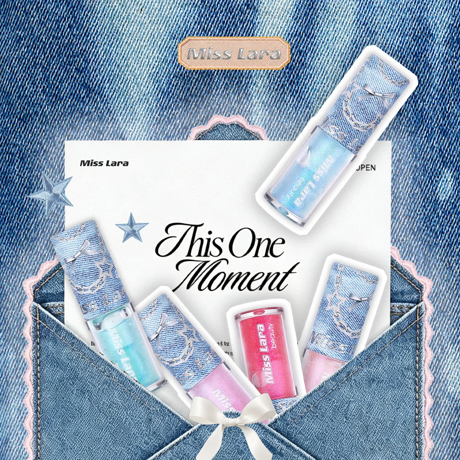 Denim Bow Lip Gloss, Shimmery Water Light Glass Lip, Moisturizing Lip Makeup for Layered Application