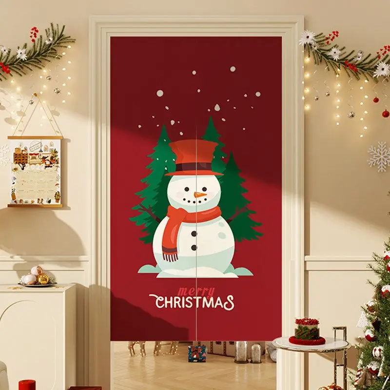 VIKAMA Christmas Door Curtain Red Snowman Top Hat Scarf Pine Tree Print Noren Tapestry For Entryway Kitchen Bedroom Living Room