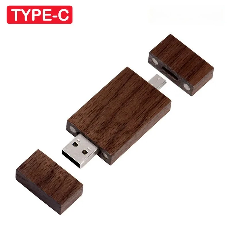 Wooden TYPE-C USB Flash Drive 128GB USB-C Pen Drive 64GB Walnut Wood Memory Stick Business Gifts Pendrive 32GB 16GB U Disk 128MB