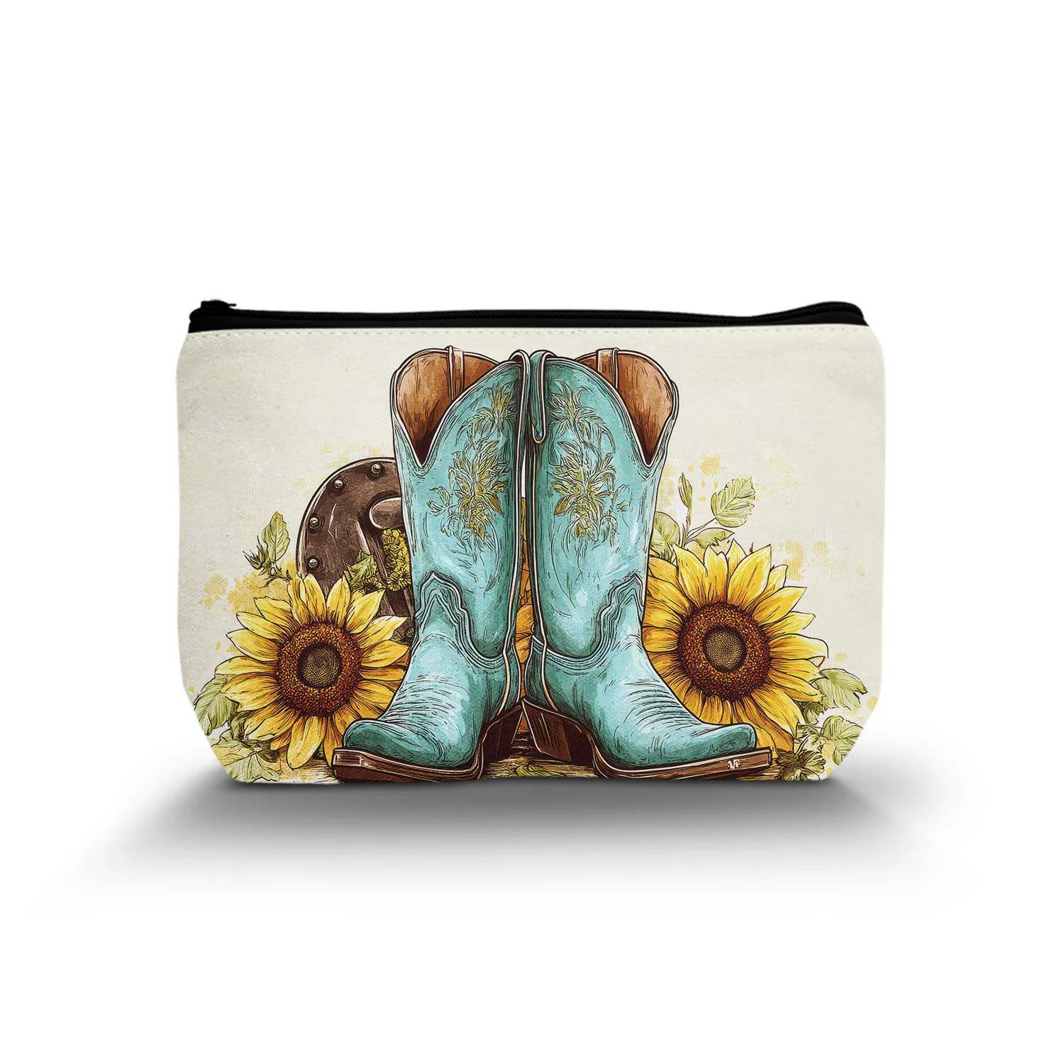 1Pc Trendy Western Makeup Bag Boots Country Style Sunflower Fashion Cosmetic Bags Toiletry Bag For Lady 8.66X5.51Inch