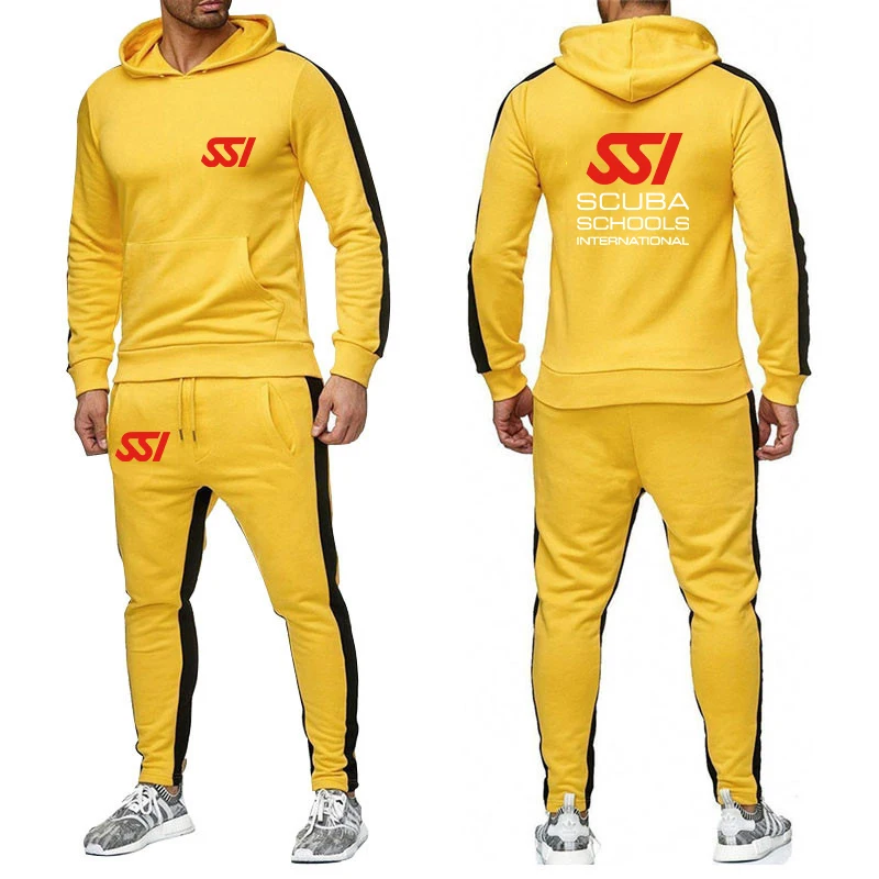 2025 Spring Autumn Scuba Diving Dive SSI Print High Street Fashion Loose Sets Men's Solid Color Hooded Hoodies+Sweatpants Suits