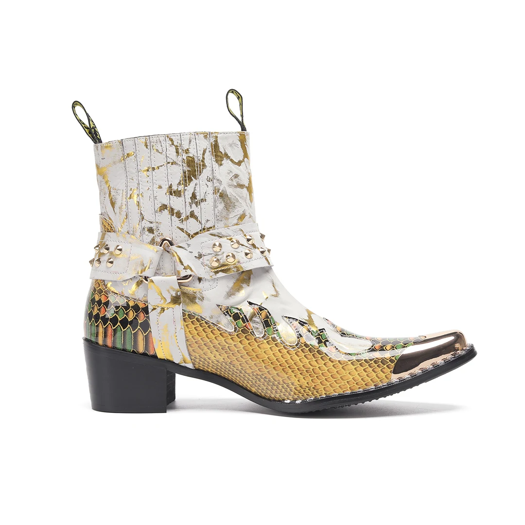 Herren-Designer-Stiefeletten aus echtem Leder mit Metallspitze, Nieten-Dekor und Print, Übergrößen, Cowboy-Motorrad-Schuhe für Business – Detail 11