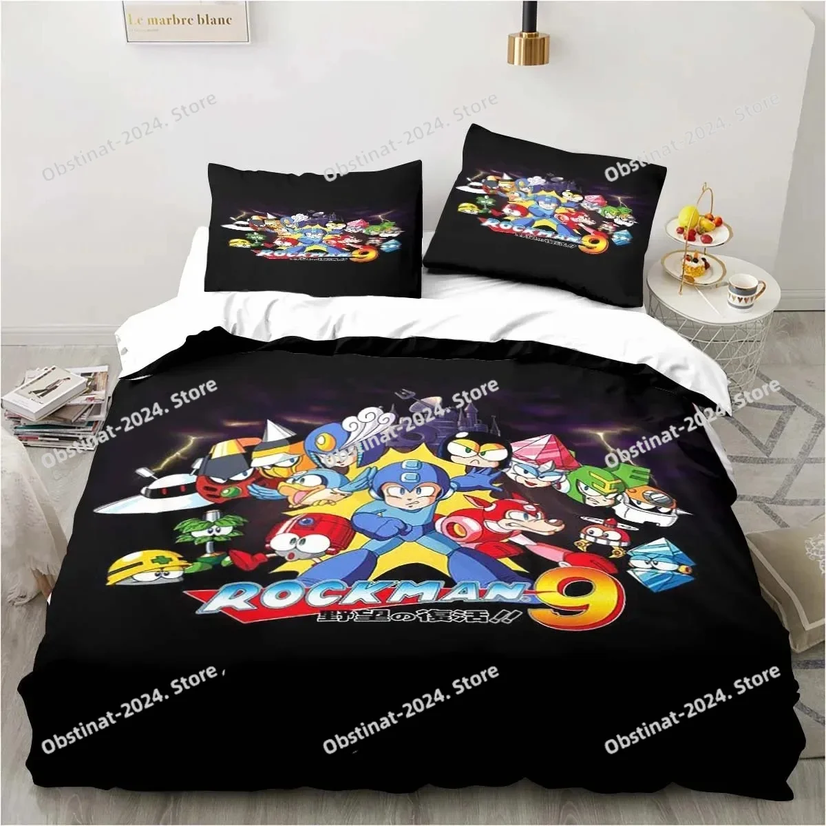 3D Mega Man X Dive Bedding Set,Rock Man Printed Bed Set Duvet Cover Sheet Pillowcase Bed Soft Quilt Cover Full Queen King Size