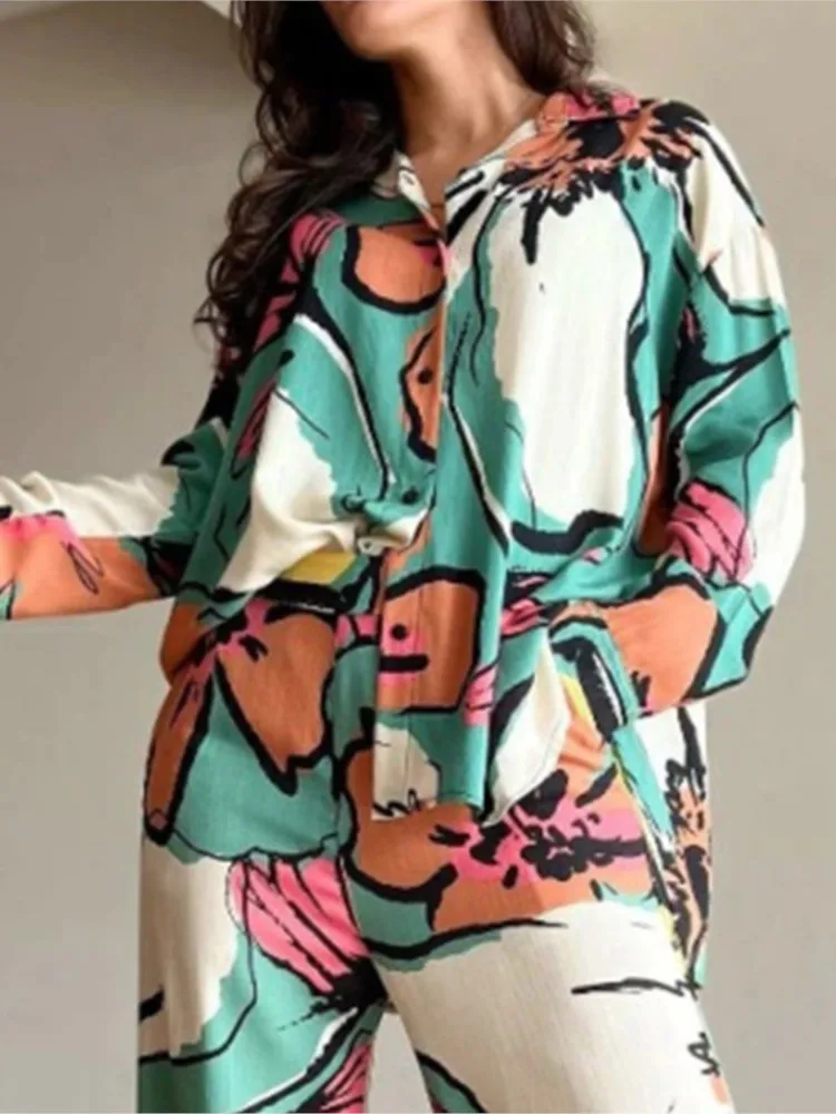 2024 Long Pant Sets Print Shirt Two Piece Set For Women Loose Wide Legs Trousers Suits Fashion Casual Long Sleeve Two Piece Suit