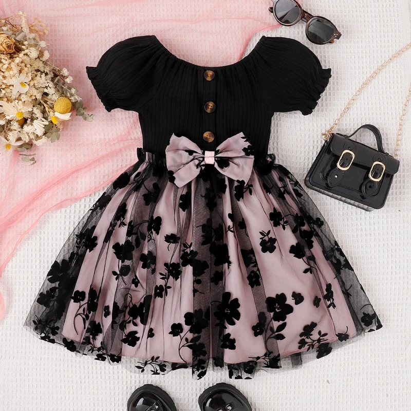 Newborn Kids Girl’s A-line Dress Short Sleeve Crew Neck Flower Bow Tulle Patchwork Summer Party Dress Children\'s Clothing