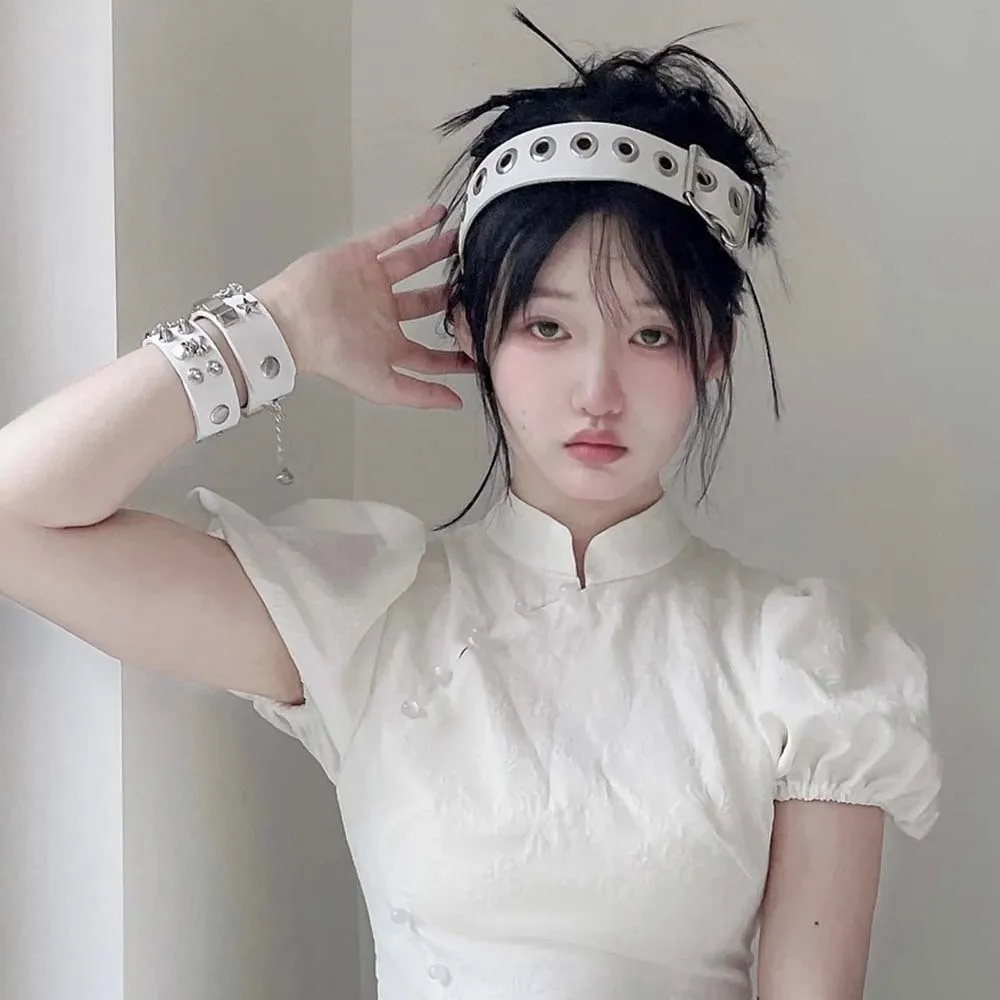 

Metal Hollow Out Steampunk Hair Hoop Y2K Rock-inspired Punk Rivet Headband Headwear Headpiece Leather Buckle Hairband Anime