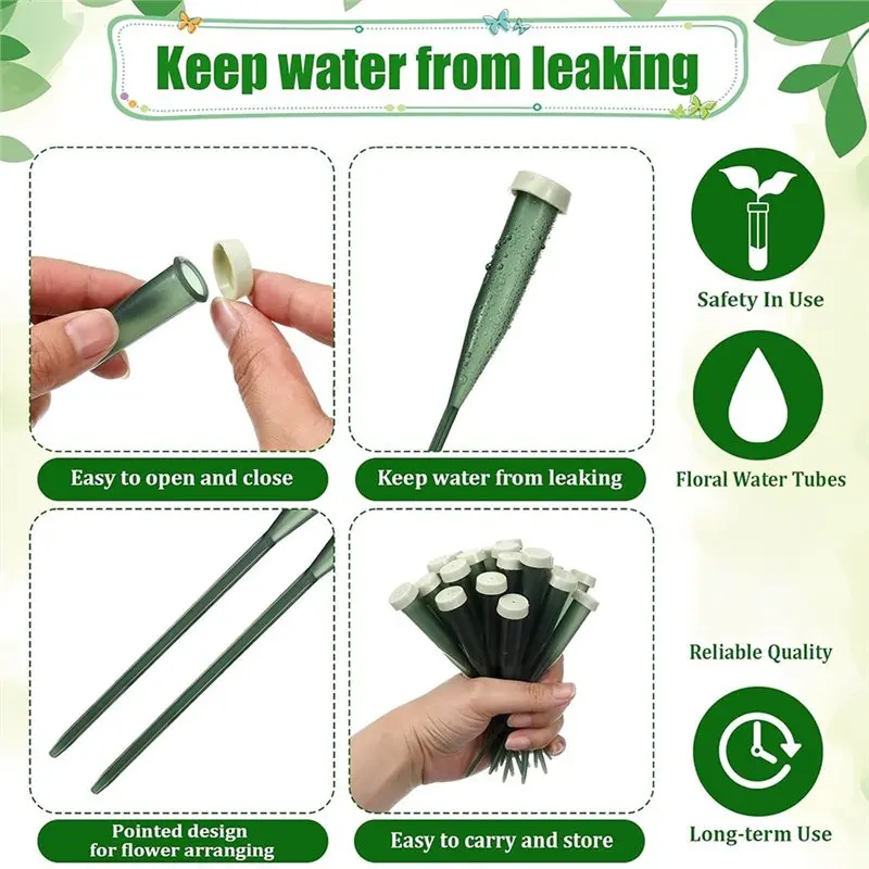 A25F-Floral Water Tubes Plastic Green Flower Water Tubes Rubber Caps Flower Arrangements Supplies Bouquet Stem 150 Pcs 6 Inch
