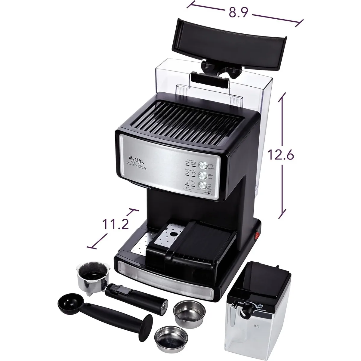 Mr. Coffee-máquina de café expreso y Capuchino, cafetera programable con Espumador de leche automático y bomba de 15 bares, plateado