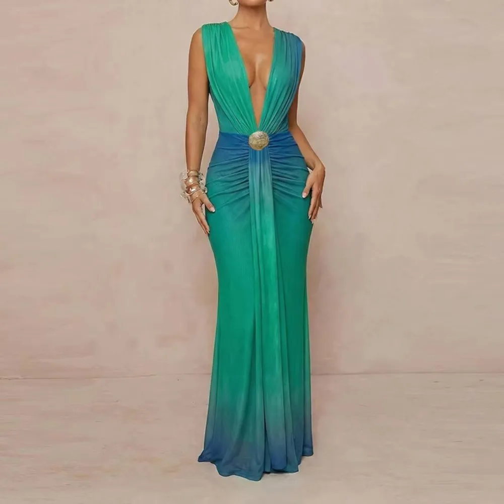 Customized Green Blue Gradient Evening Gown Deep V Cap Sleeve Open Back Ruched Mermaid Maxi Dress With Brooch Formal Prom Dress