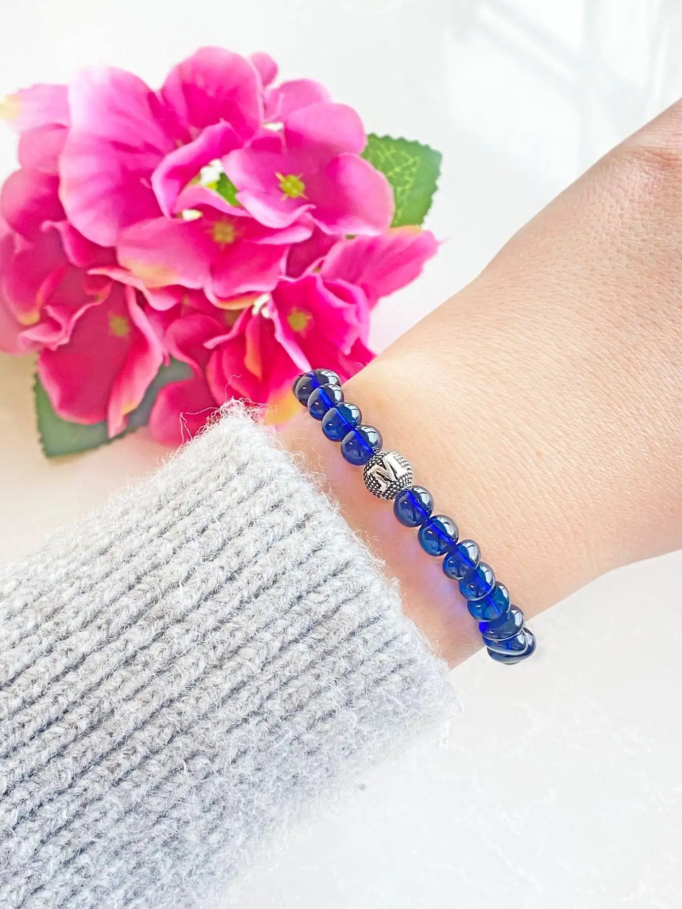 

Personalized Blue Amber Bracelet Blue Amber Jewelry 925 Sterling silver Letter Personalized Gift For Mom Best Friend Gift